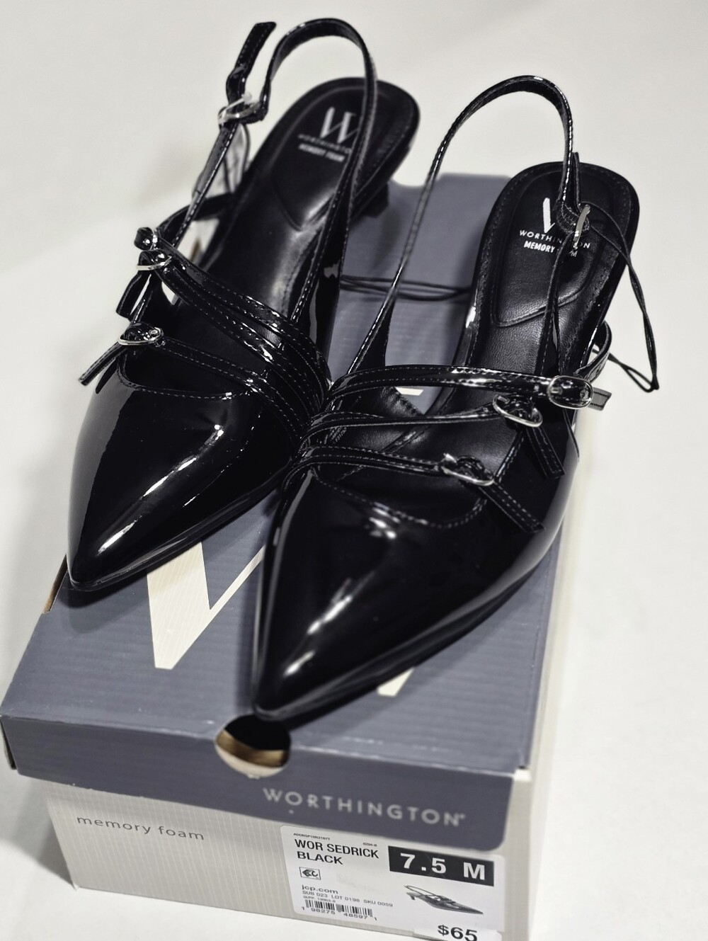 Worthington 7.6 Black Patent Pointed Slingback Mules - Chic CLASSIC Career Work